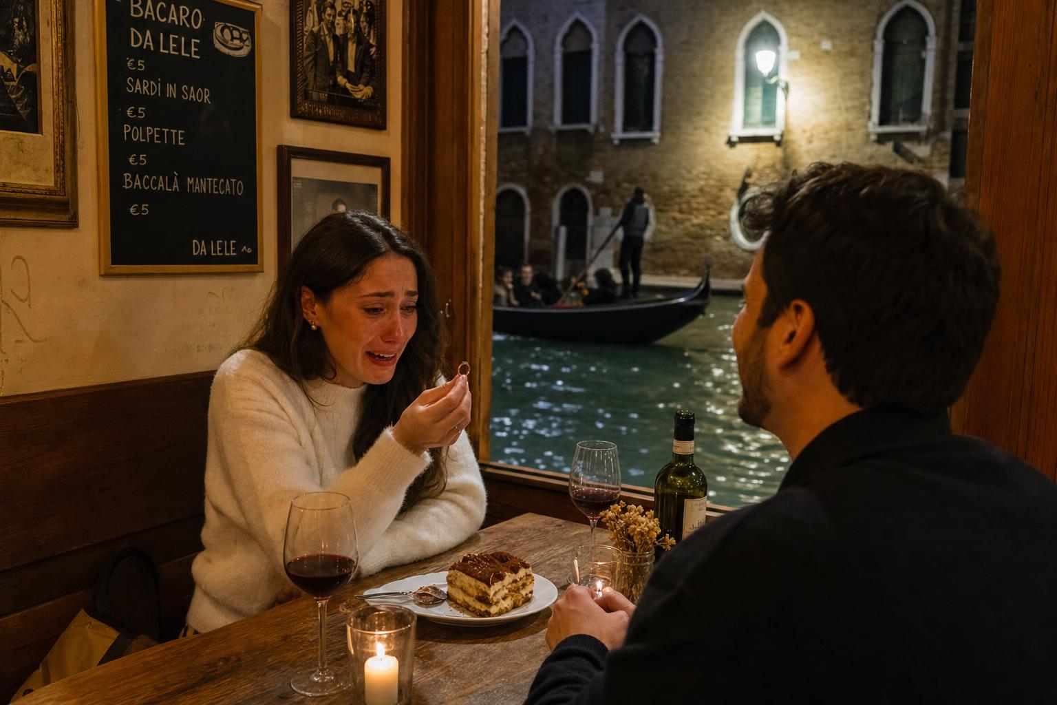 At a bacaro wine bar - marriage proposal in Venice